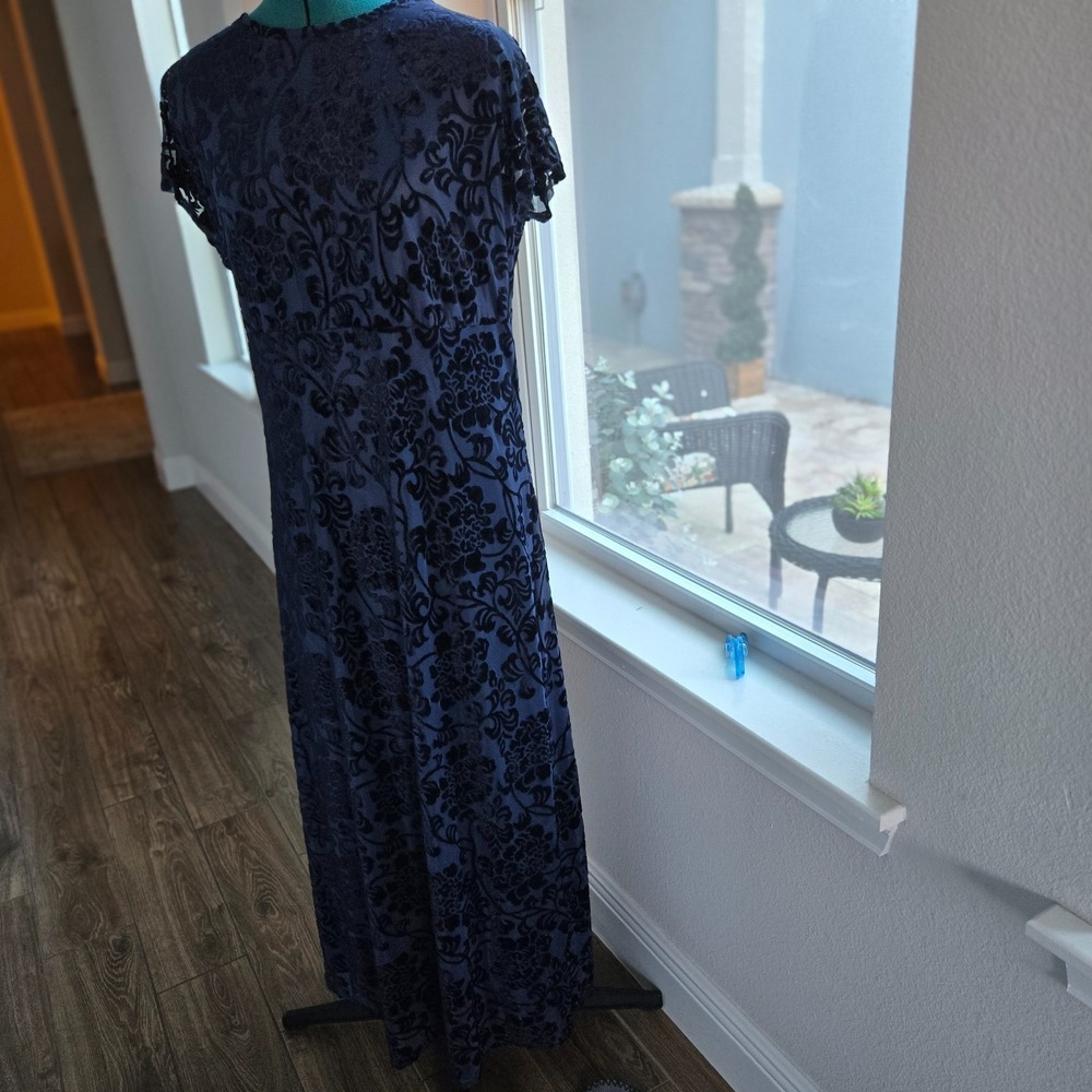 VTG Moda Int'l Womens Maxi Dress Size L Sheer Embroidered Top Over Navy Lining